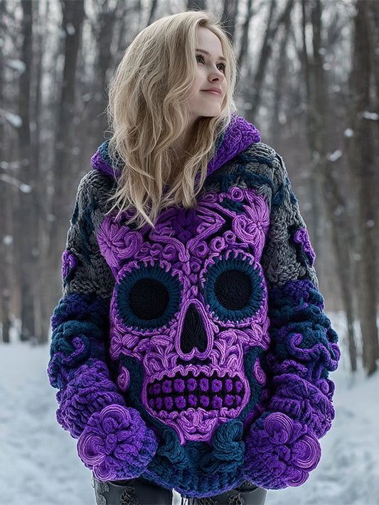 Quirky Skull Pattern Women's Chunky Knit Hooded Sweater artswardrobe