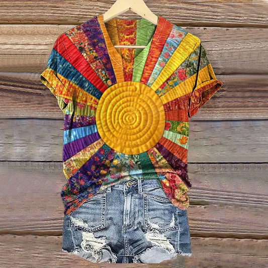 Women's Vintage Floral Art Print V-neck Casual T-Shirt