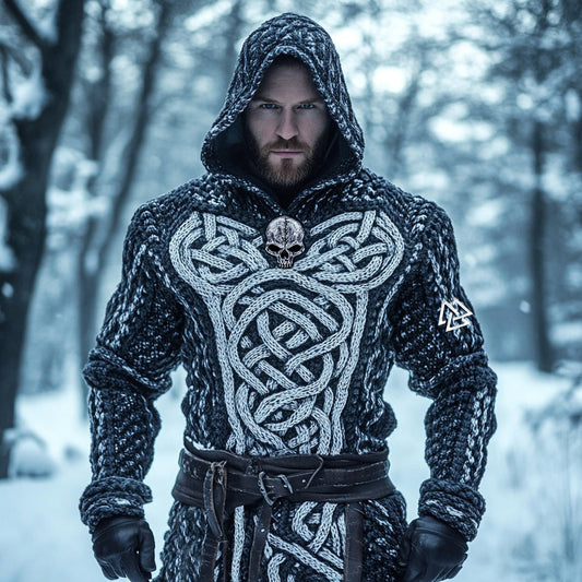 Men's Viking Vegvisir Skull Celtic Chunky Hooded Sweater artswardrobe