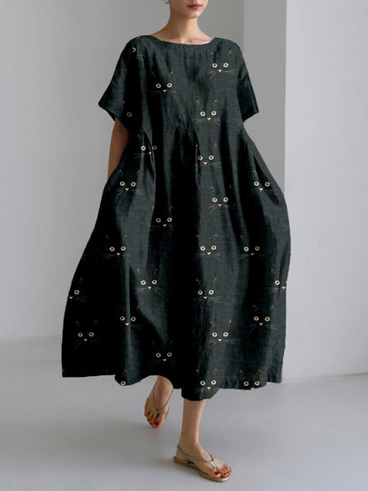 Comstylish Cute Cat Face Pattern Linen Blend Cozy Maxi Dress