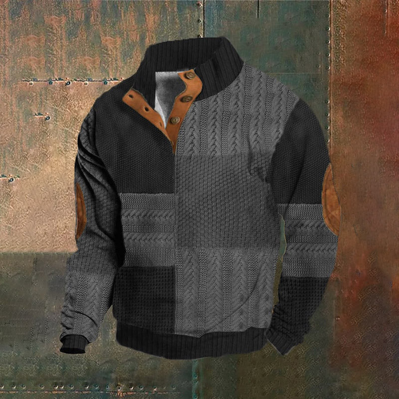 Men's Vintage Western Patchwork Print Standing Collar Casual Sweatshirt elevenforest