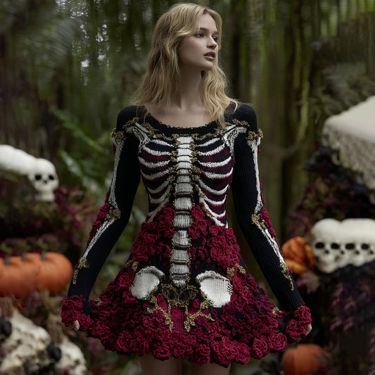 Women's Floral Skull Pattern Knit Mini Sweater Dress artswardrobe