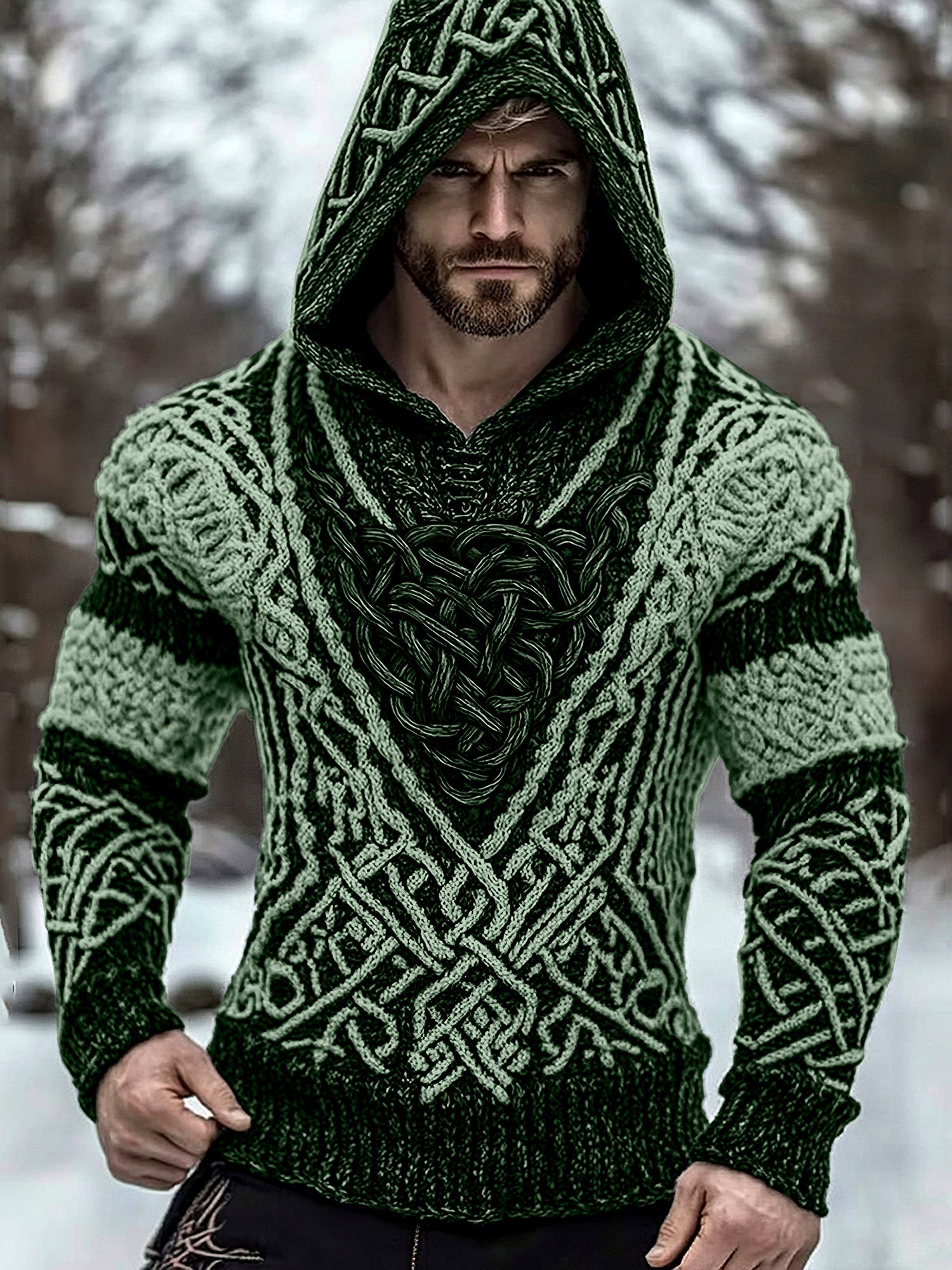 Men's Viking Jacquard Inspired Celtic Hooded Sweater artswardrobe