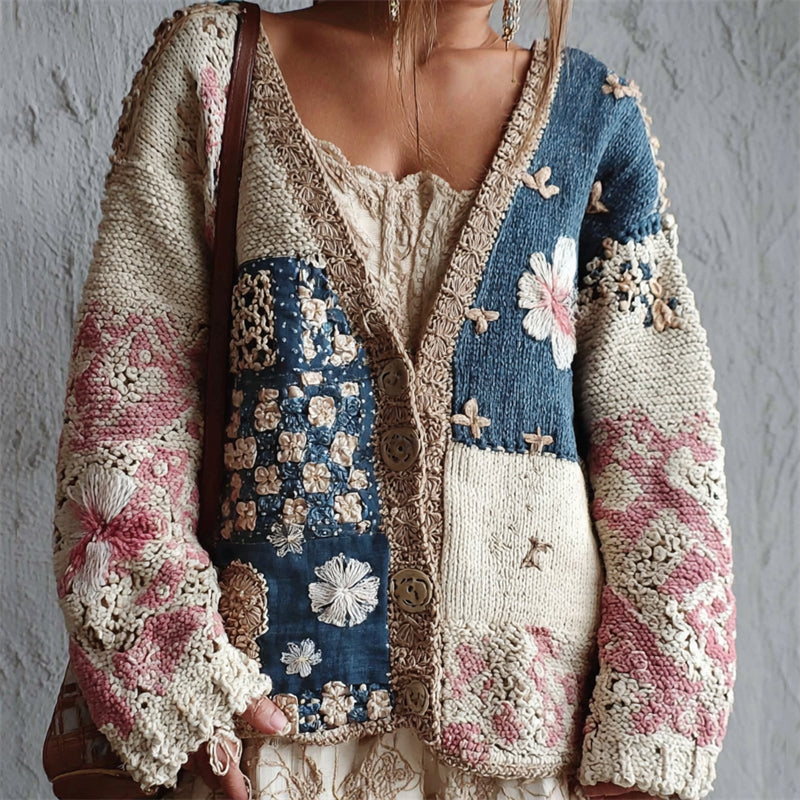 Cherry Blossom Japanese Sashiko Colorblock Cozy Knit Cardigan artswardrobe