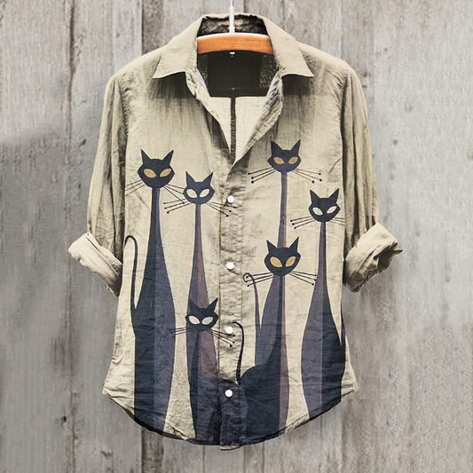 Art Cat Print Lapel Long Sleeve Casual Shirt elevenforest
