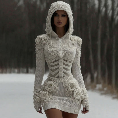 Comstylish Women's Vintage White Rose And Skull Patchwork Knit Hooded Sweater