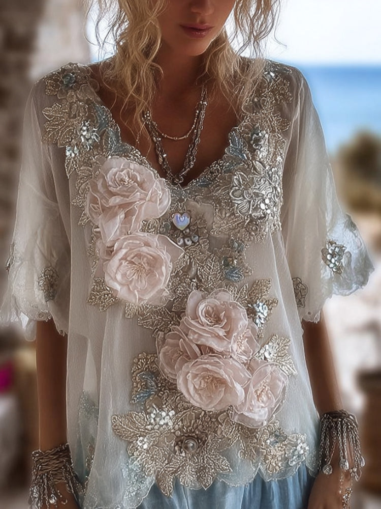 Women's Light-colored Floral Short-sleeved V-neck Top artswardrobe