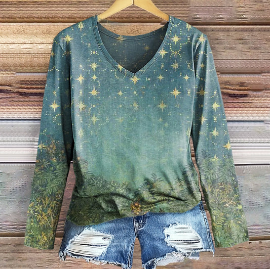 Women's Star Grove Pattern Art Print Casual V-Neck Long Sleeve T-Shirt