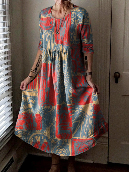 Women's Bohemian Ethnic Collage Art Pattern Print Pocket Cotton Dress