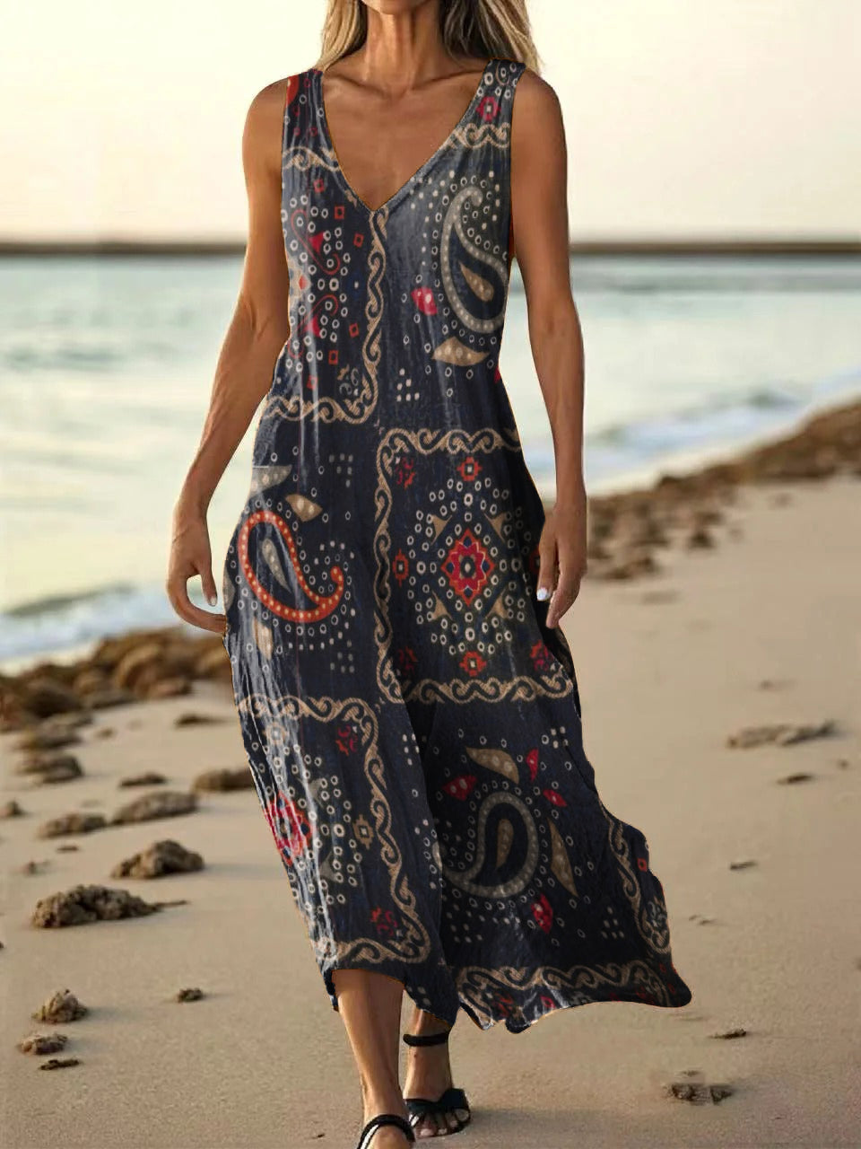 Women's Folk Paisley Floral Art Print V Neck Sleeveless Pocket Cotton