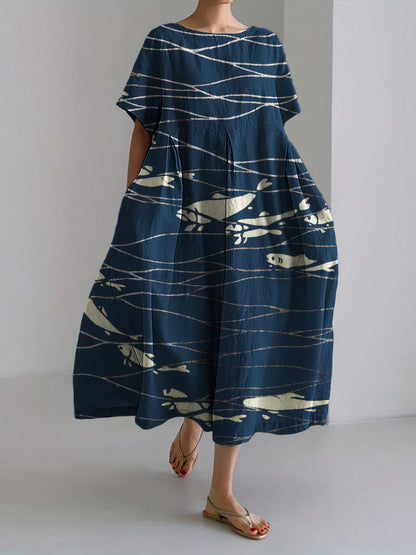Comstylish Cluster of Fish Sea Waves Japanese Lino Art Linen Blend Maxi Dress