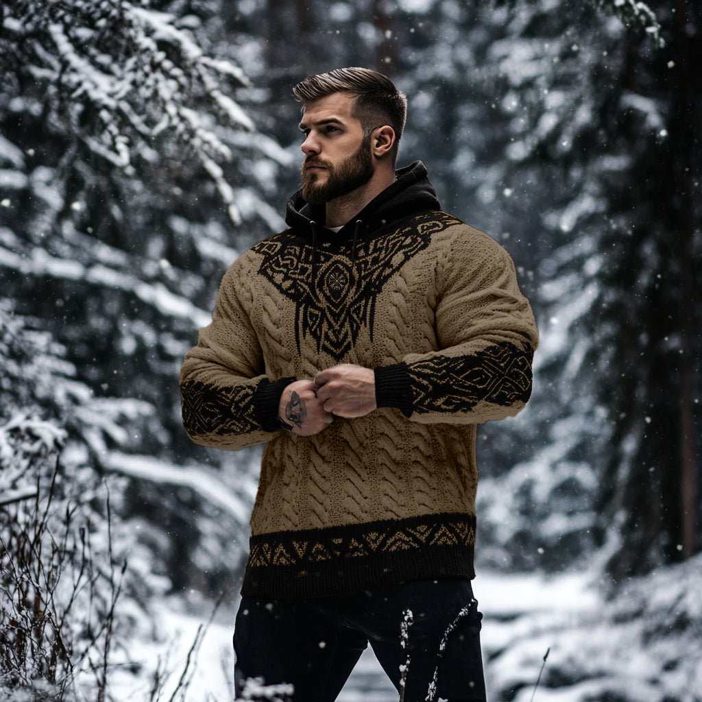 Men's Viking Tribal Jacquard Celtic Inspired Chunky Knit Hooded Sweater elevenforest