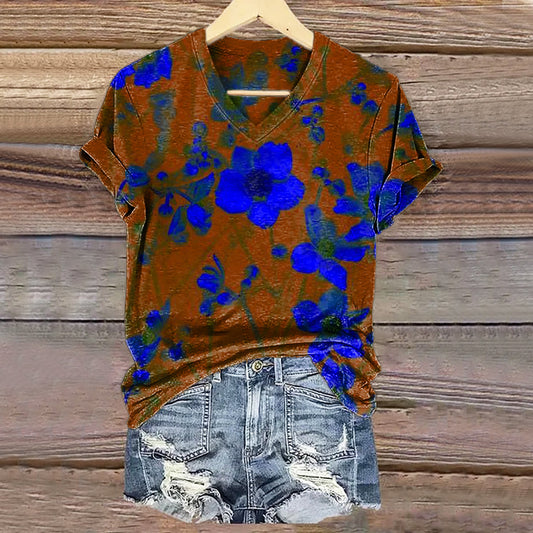 Women's Vintage Floral Art Print V-neck Casual T-Shirt