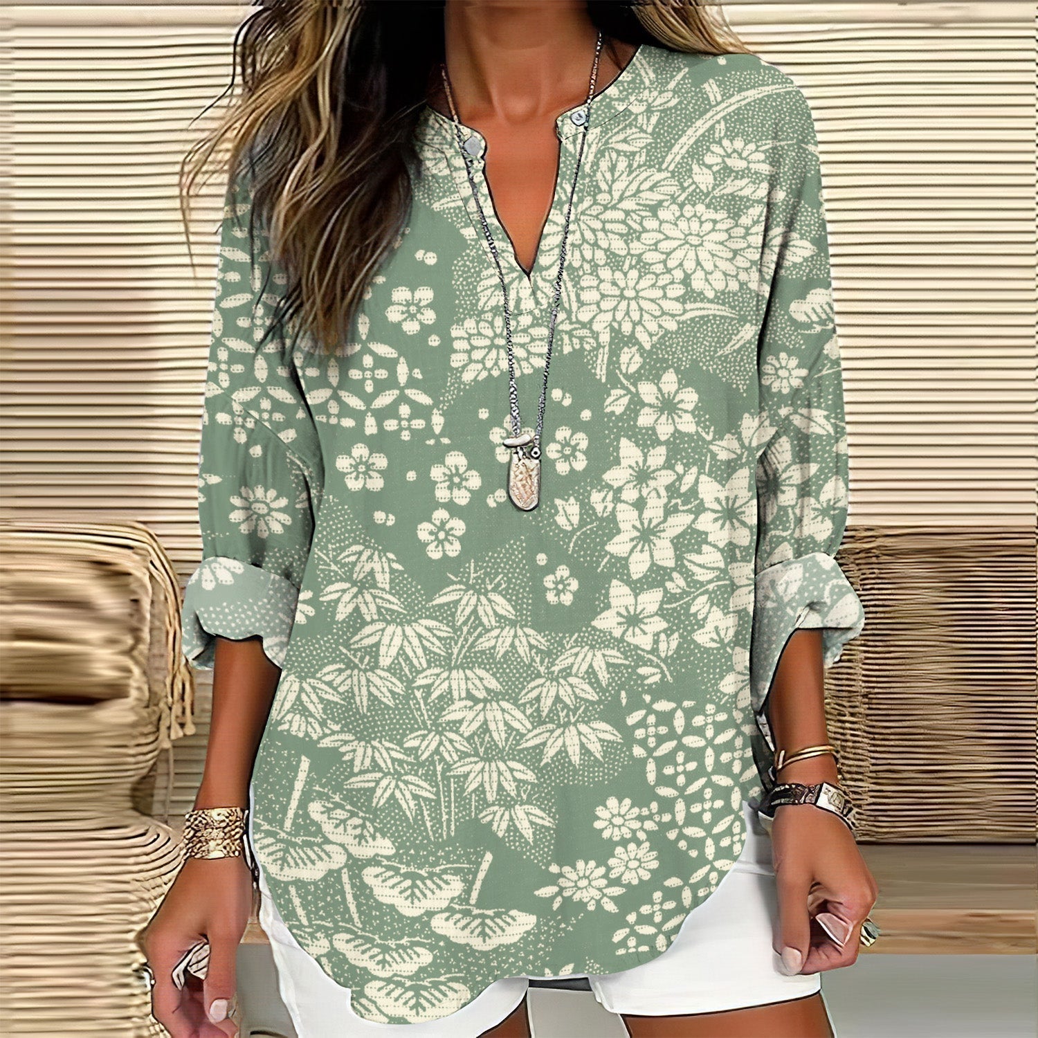 Comstylish Vintage Japanese Art Flower Print V-Neck Loose Blouse