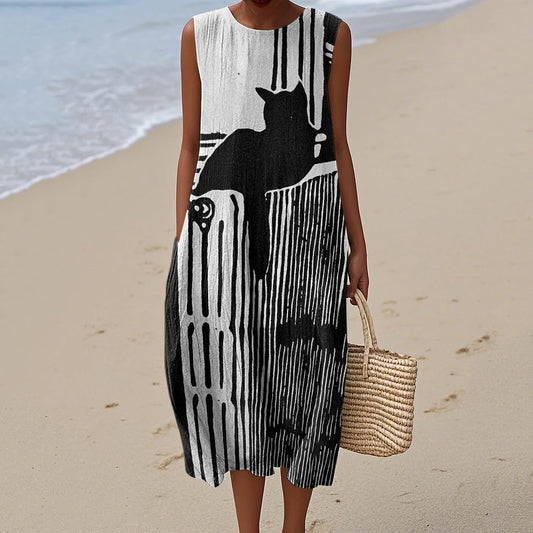 Comstylish Women's Retro Geometric Black Cat Art Pattern Cotton And Linen Dress