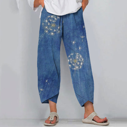 Comstylish Retro Japanese Traditional Sashiko Dandelion Art Pattern Cropped Casual Pants