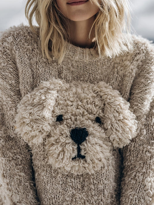 Cute Fuzzy Dog Embroidered Soft Cozy Sweater artswardrobe
