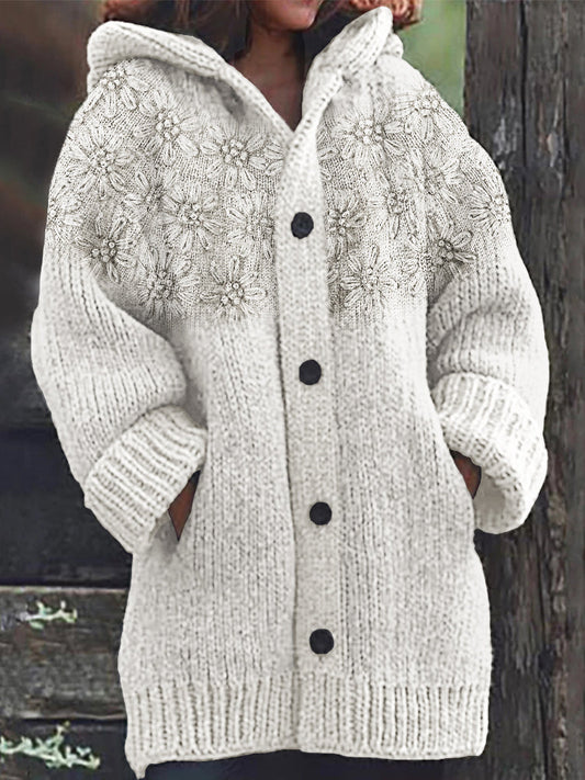 Classy 3d Floral Yoke Jacquard Cozy Knit Hooded Cardigan artswardrobe