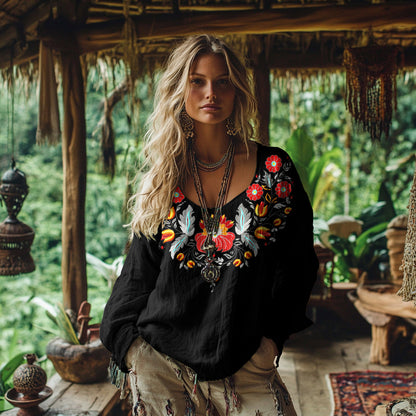 Comstylish Vintage Bohemian Floral Embroidered Linen Shirt