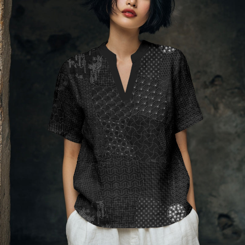 Comstylish Japanese Traditional Sashiko Art Comfy Linen Tunic