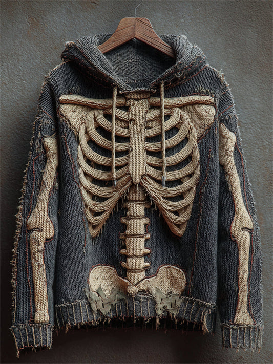 Halloween Skeleton Vintage Distressed Cozy Knit Hooded Sweater artswardrobe