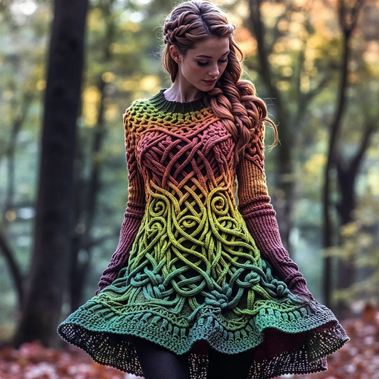 Women's Irish Celtic Knot Color Gradient Knitted Sweater Dress artswardrobe