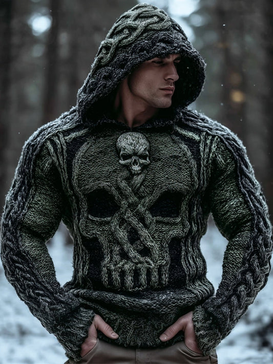 Vintage Viking Evil Skull Men's Chunky Knit Twist Hooded Sweater artswardrobe