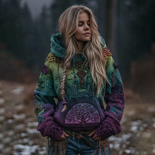 Women's Vintage Life Of Tree Gradient Art Knit Hooded Sweater artswardrobe