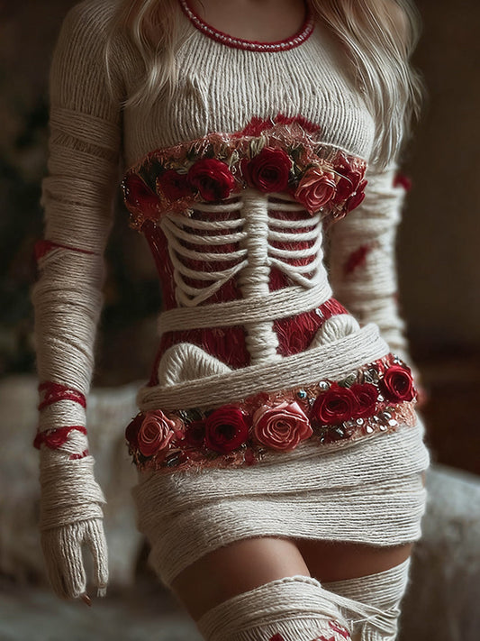 Women's Halloween Skeleton Skeleton And Rose Round Neck Mini Skirt artswardrobe