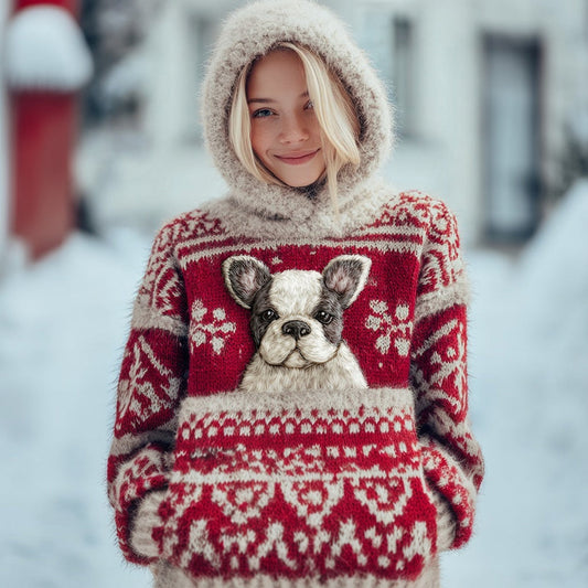 Vintage Christmas Boston Terrier Dog Hooded Isle Sweater artswardrobe