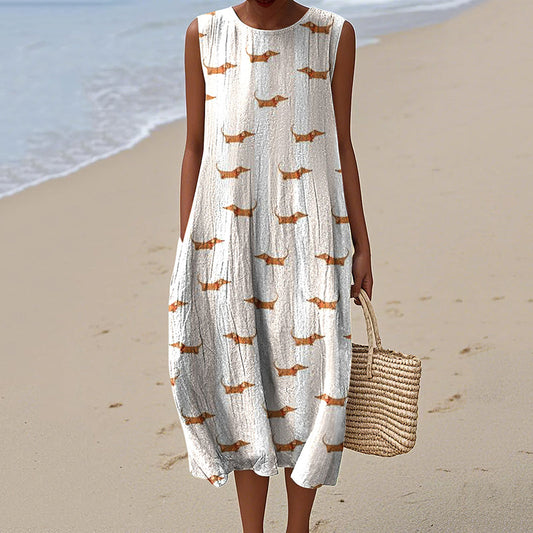 Comstylish Women's Retro Dachshund Art Print Sleeveless Dress