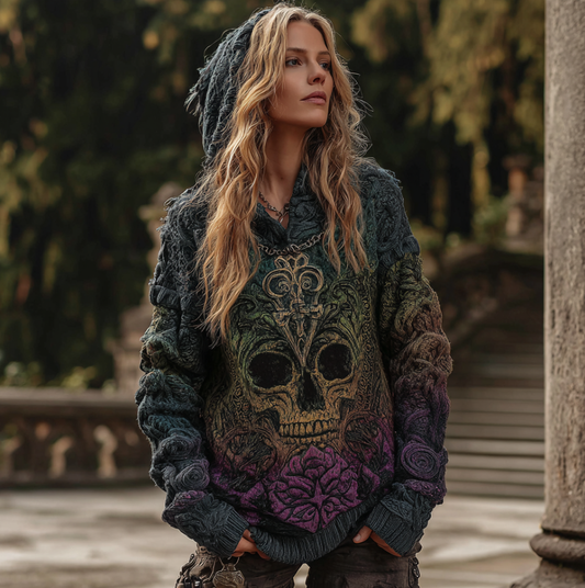 Women's Gradient Color Hooded Long Sweater With Viking Style Tribal Totem artswardrobe