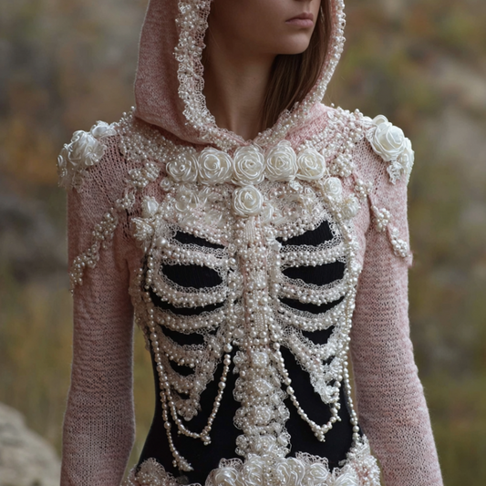 Women's Retro Halloween Plant Flower And Skull Art Design Knitted Hooded Sweater artswardrobe