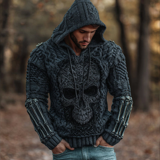 Men's Vintage Viking Style Crochet Skull Black Sweater artswardrobe