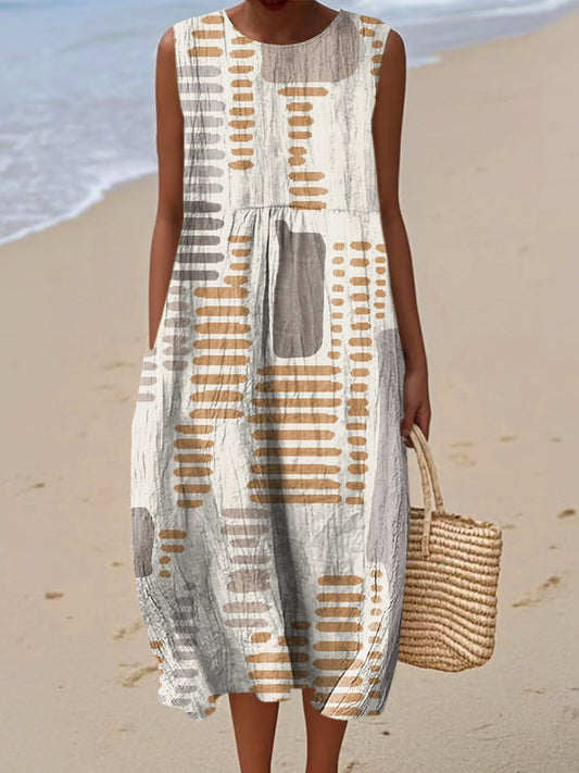 Women's Vintage Geometry Art Print Sleeveless Cotton Pocket Wrap Dress