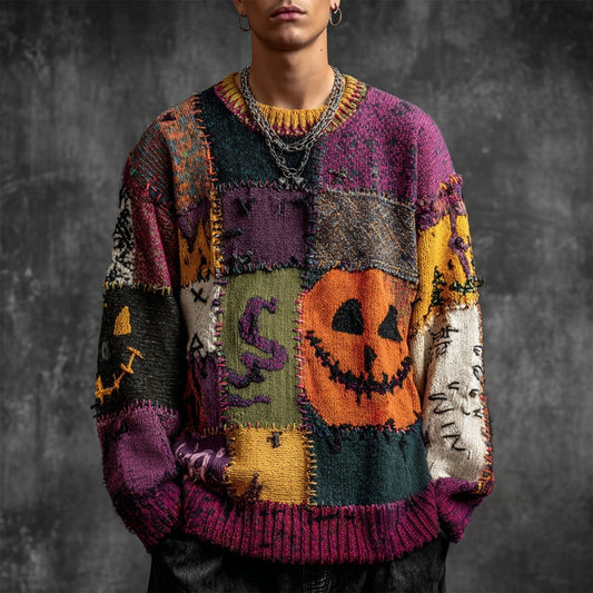 Men's Halloween Inspired Patchwork Cozy Knitted Sweater artswardrobe