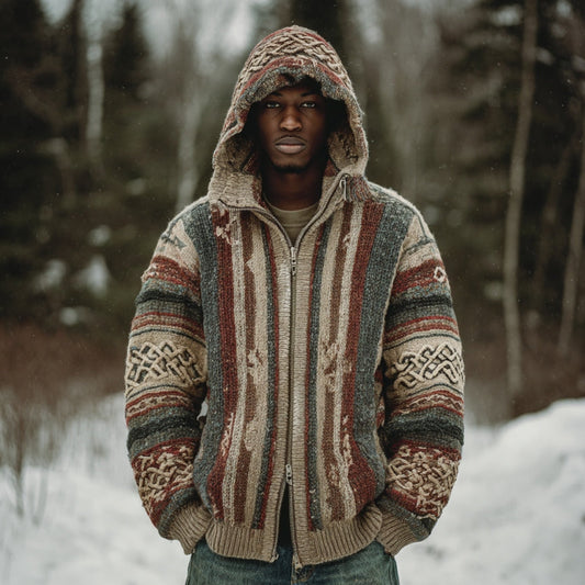 Men's Vintage Colorful Striped Celtic Art Jacquard Thick Warm Zip Hooded Sweater Cardigan artswardrobe