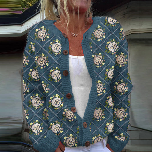 Vintage Iceland Square Rose Knit Warm Cardigan Sweater elevenforest