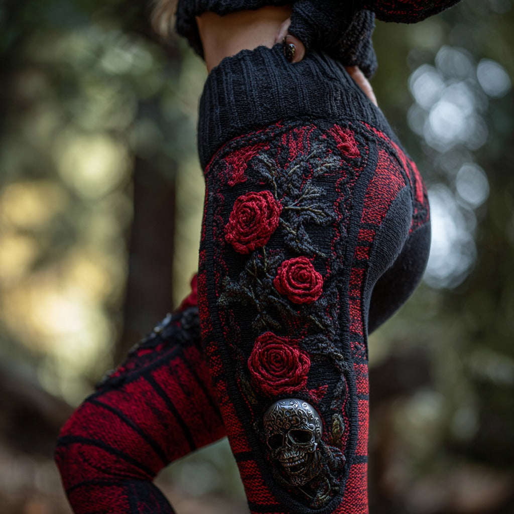 Women's Vintage Sugar Skull And Rose Pattern Comfortable Leggings artswardrobe