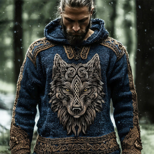 Vintage Wolf Totem Viking Art Men's Hooded Sweater artswardrobe