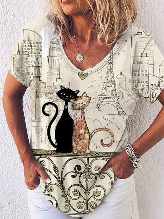 Lovely Cat Art Print V Neck Short Sleeve T Shirt elevenforest