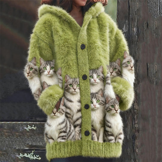 Comstylish Lovely Fuzzy American Shorthair Cats Cozy Knit Hooded Cardigan