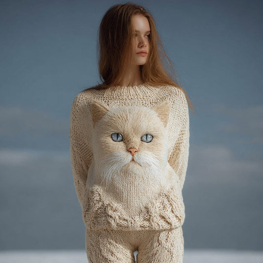 Cute Cat Face Embroidered Soft Cozy Knit Sweater