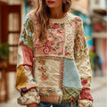 Women's Vintage Chunky Needle Rose Floral Stitching Warm Crew Neck Sweater artswardrobe