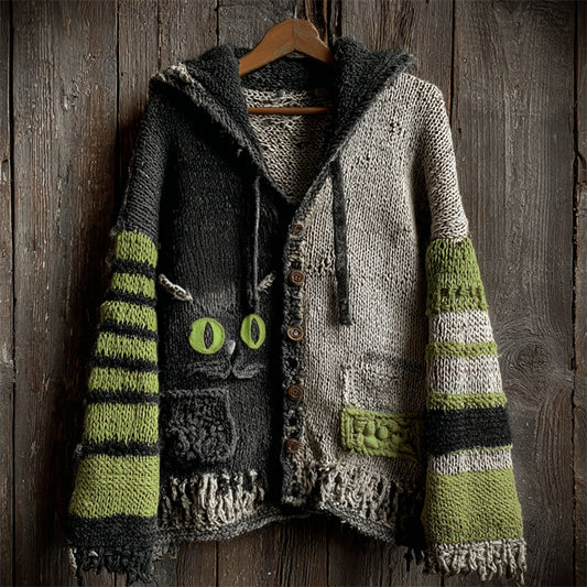 Halloween Black Cat Contrast Striped Hooded Cozy Knit Cardigan artswardrobe