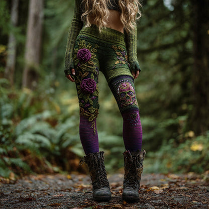 Women's Vintage Skull And Rose Patchwork Comfortable Leggings artswardrobe