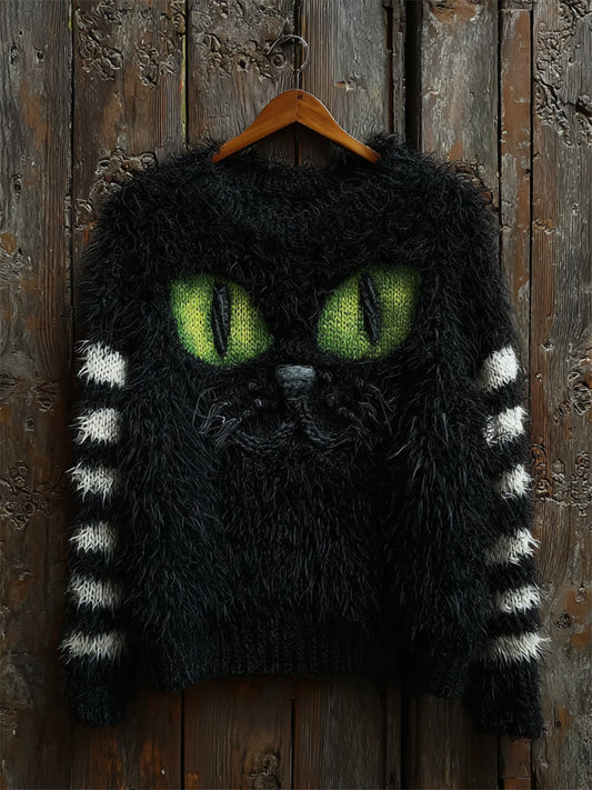 Halloween Fuzzy Black Cat Striped Cozy Knit Sweater artswardrobe