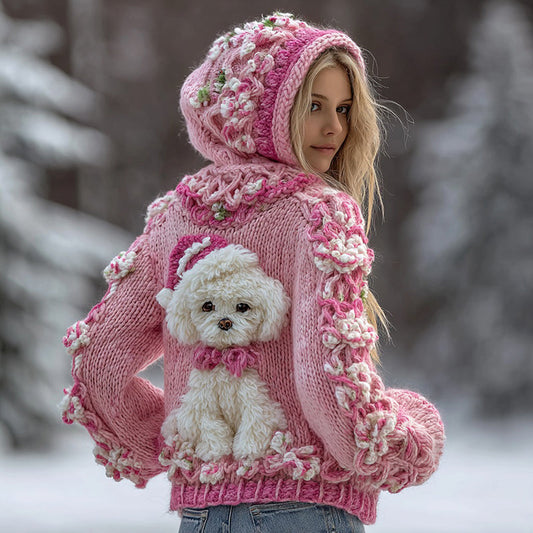 Cute Maltese Dog And Floral Knitted Jacquard Hooded Sweater artswardrobe