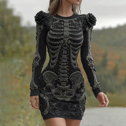 Women's Halloween Skeleton Bones With Black Rose Art Cozy Knit Mini Sweater Dress artswardrobe