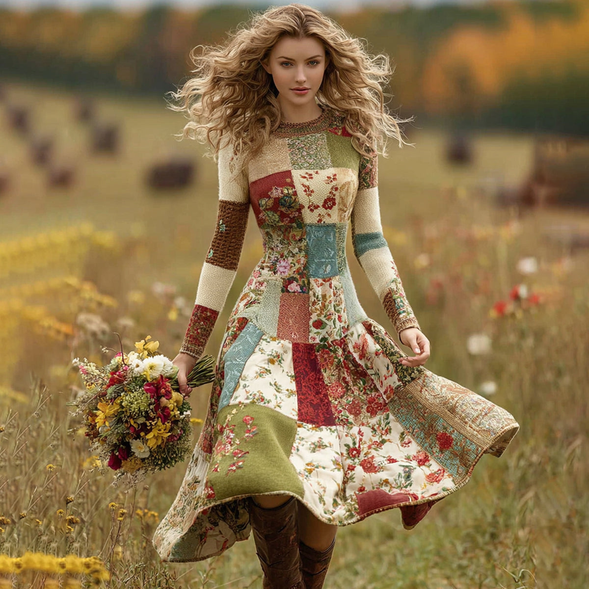 Women's Patchwork Floral Art Cozy Knit Maxi Sweater Dress artswardrobe